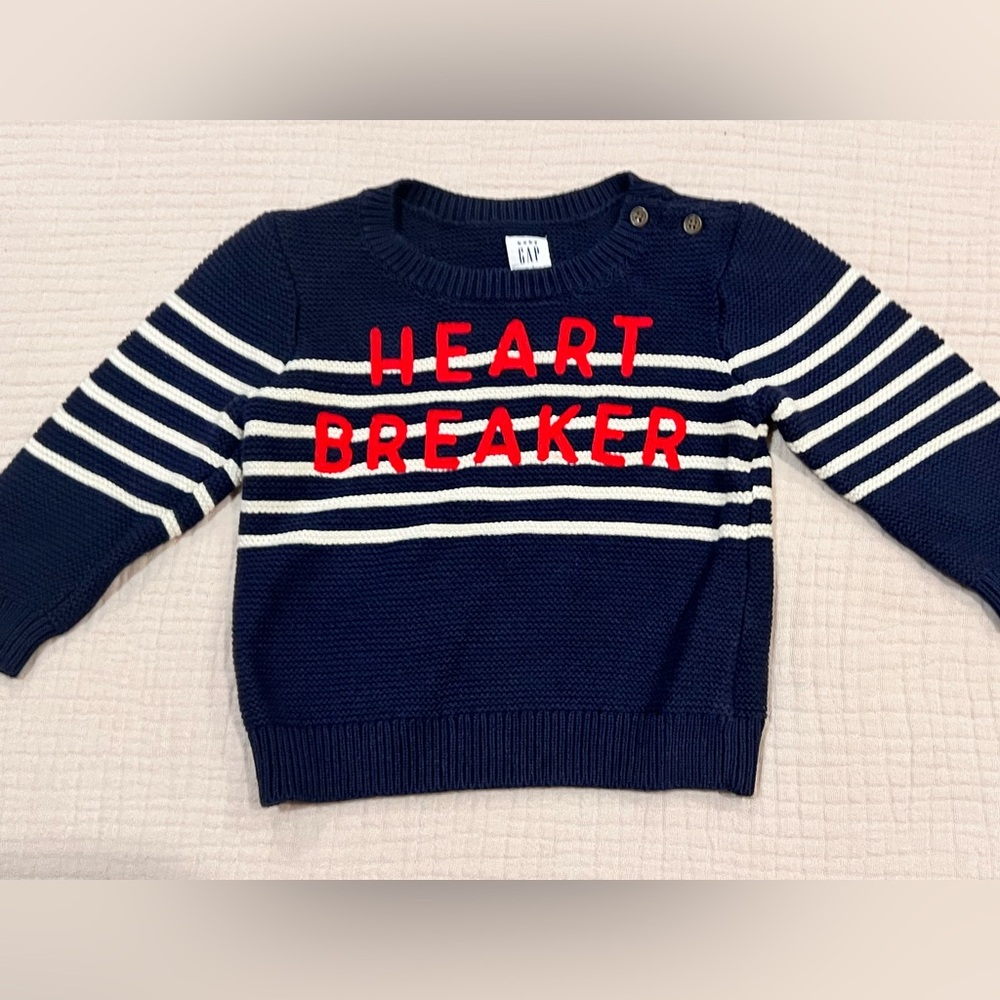 GAP Baby Heart Breaker Navy Cream Knit Sweater Jumper Valentine’s 12 - 18 Mths